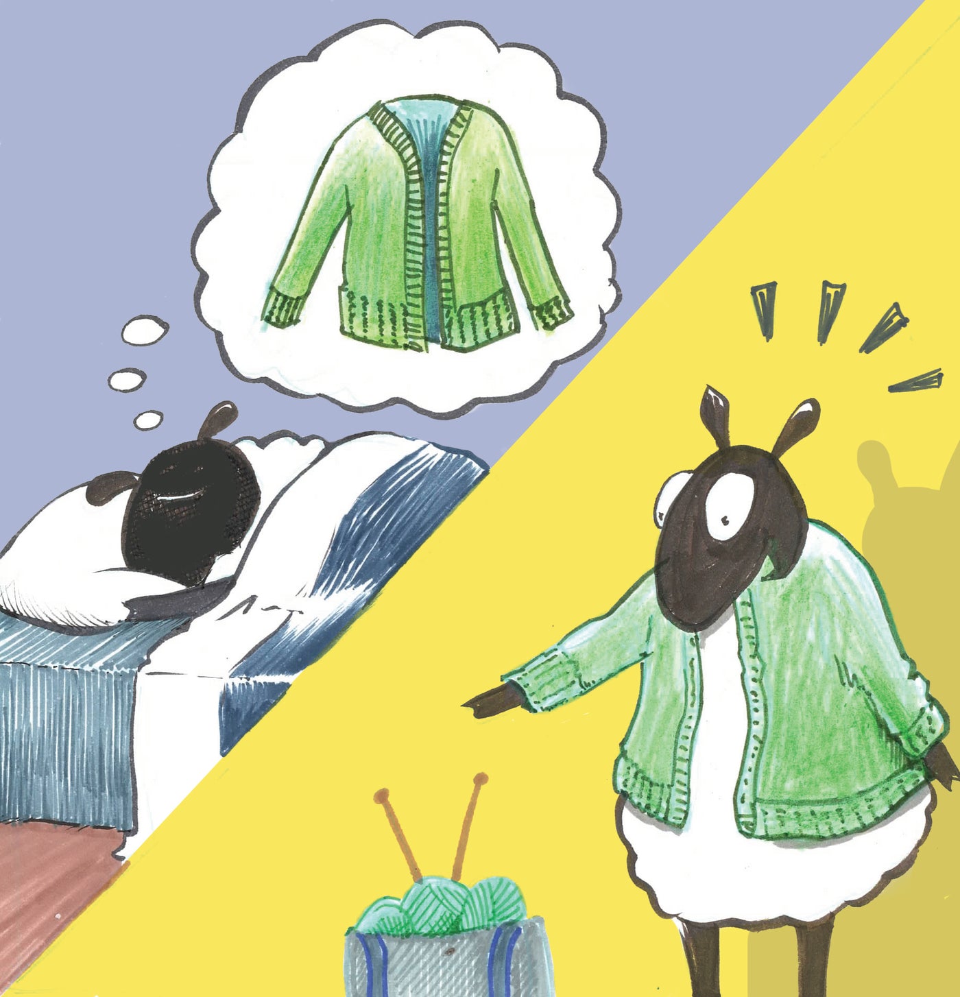 Cartoon illustration with one side showing a sheep dreaming about a cardigan and the other side showing the same sheep looking at a bag of yarn with a nervous expression.