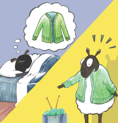 Cartoon illustration with one side showing a sheep dreaming about a cardigan and the other side showing the same sheep looking at a bag of yarn with a nervous expression.