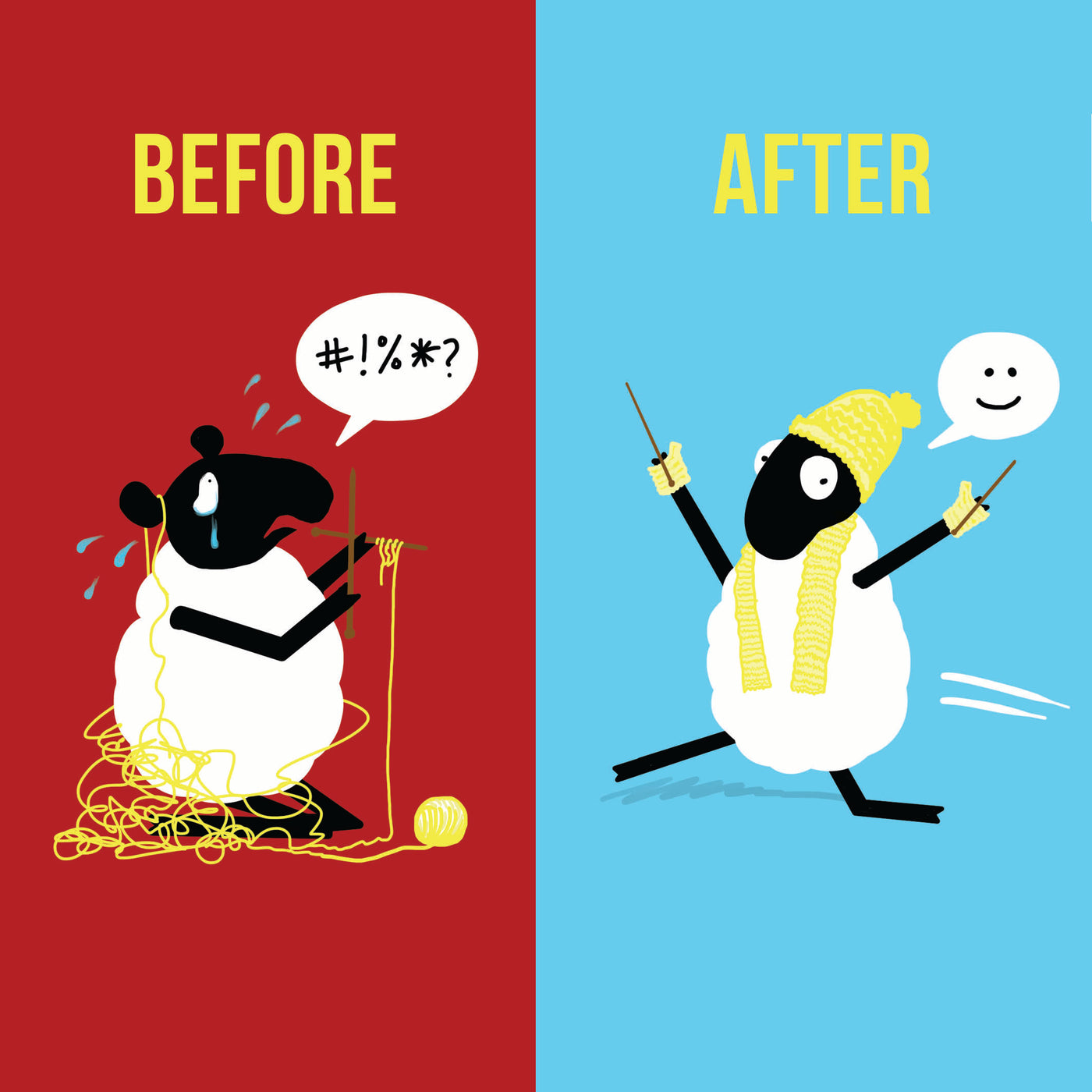 Illustration showing a before and after scenario of a knitting project with a distressed sheep holding a ball of yarn and a happy sheep holding a knitted scarf.